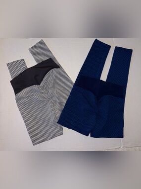 Textured High-Waist Workout Leggings - Navy & Light Gray